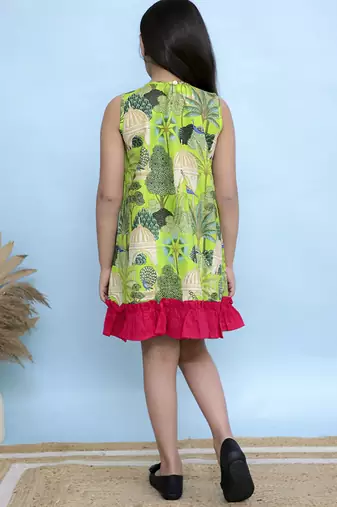 Green printed cotton girls dress