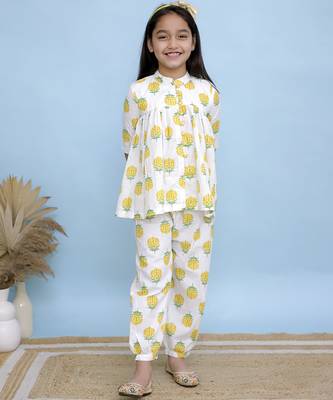 White printed cotton girls top bottom 1