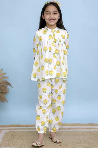 White printed cotton girls top bottom