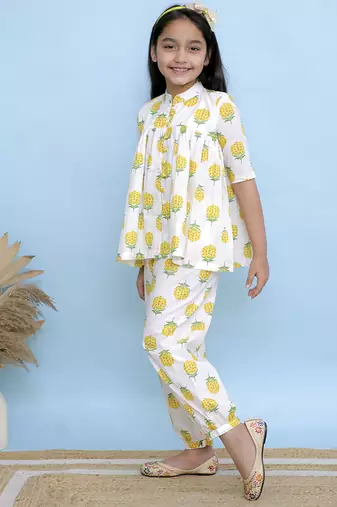 White printed cotton girls top bottom