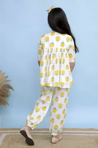 White printed cotton girls top bottom