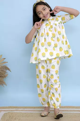 White printed cotton girls top bottom