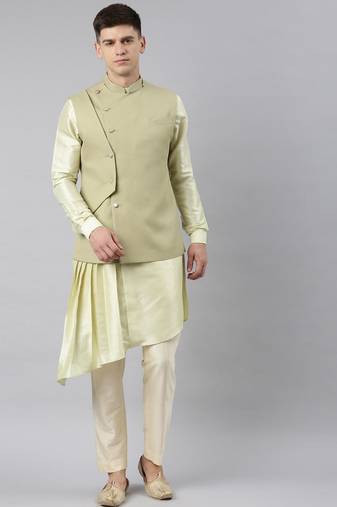Mint green waistcoat jacket with mint crushed kurta