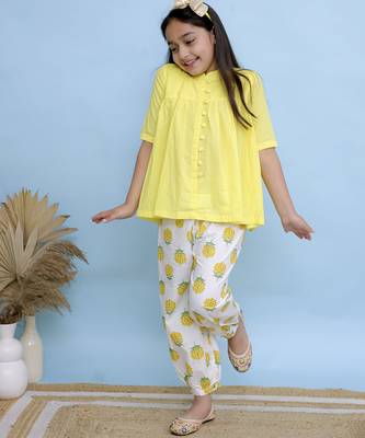 Yellow plain cotton girls top bottom 2