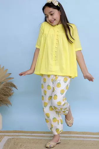 Yellow plain cotton girls top bottom