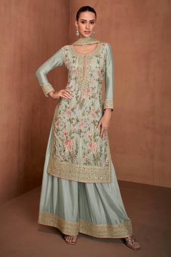 Grey embroidery & sequins work chinnon straight palazzo suit - free size stitching (size upto 42")