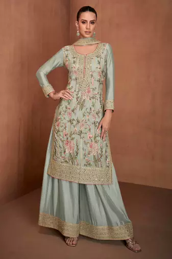 Grey embroidery & sequins work chinnon straight palazzo suit - free size stitching (size upto 42")