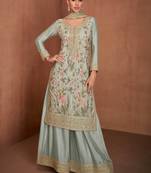 Grey embroidery & sequins work chinnon straight palazzo suit - free size stitching (size upto 42")