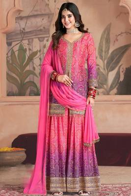 Pink & purple embroidery & sequins work chinnon straight palazzo suit - free size stitching (size upto 42") 1
