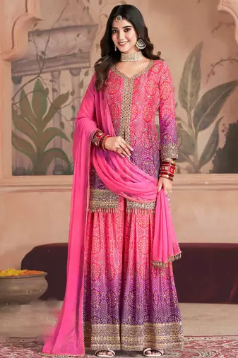 Pink & purple embroidery & sequins work chinnon straight palazzo suit - free size stitching (size upto 42")