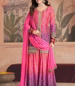 Pink & purple embroidery & sequins work chinnon straight palazzo suit - free size stitching (size upto 42")
