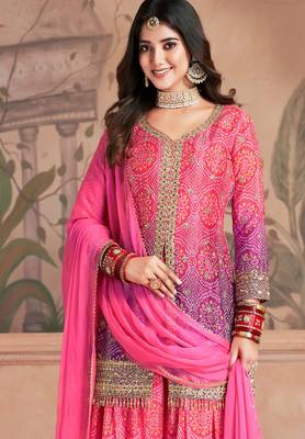Pink & purple embroidery & sequins work chinnon straight palazzo suit - free size stitching (size upto 42") 2
