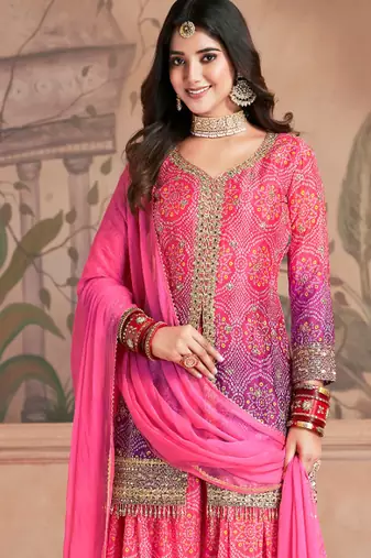 Pink & purple embroidery & sequins work chinnon straight palazzo suit - free size stitching (size upto 42")