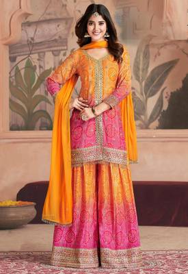 Orange & pink embroidery & sequins work chinnon straight palazzo suit - free size stitching (size upto 42") 1