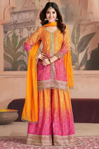 Orange & pink embroidery & sequins work chinnon straight palazzo suit - free size stitching (size upto 42")