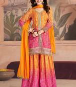 Orange & pink embroidery & sequins work chinnon straight palazzo suit - free size stitching (size upto 42")