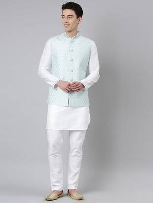 Aqua blue chanderi jacket with white short kurta 1