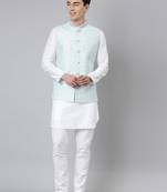 Aqua blue chanderi jacket with white short kurta