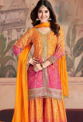 Orange & pink embroidery & sequins work chinnon straight palazzo suit - free size stitching (size upto 42") 2