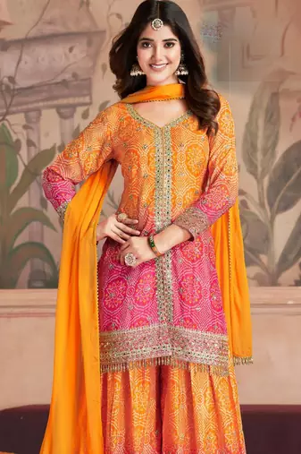 Orange & pink embroidery & sequins work chinnon straight palazzo suit - free size stitching (size upto 42")