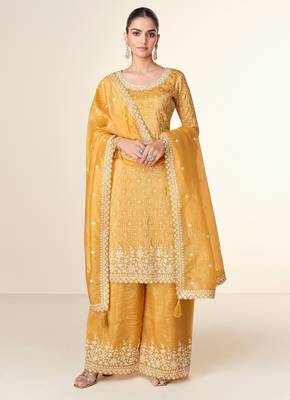 Mustard embroidery & sequins work tissue crush straight palazzo suit - free size(size upto 42") 1