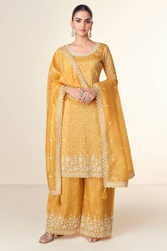Mustard embroidery & sequins work tissue crush straight palazzo suit - free size stitching (size upto 42")