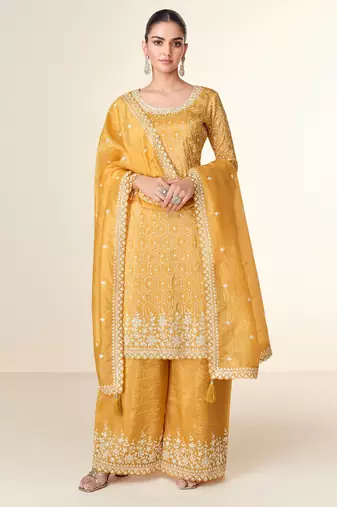Mustard embroidery & sequins work tissue crush straight palazzo suit - free size stitching (size upto 42")
