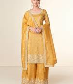 Mustard embroidery & sequins work tissue crush straight palazzo suit - free size(size upto 42")