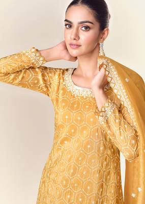 Mustard embroidery & sequins work tissue crush straight palazzo suit - free size(size upto 42") 2