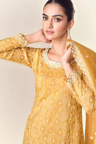 Mustard embroidery & sequins work tissue crush straight palazzo suit - free size(size upto 42")