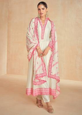 White & pink embroidery & sequins work silk anarkali pant suit - free size stitching (size upto 42") 1
