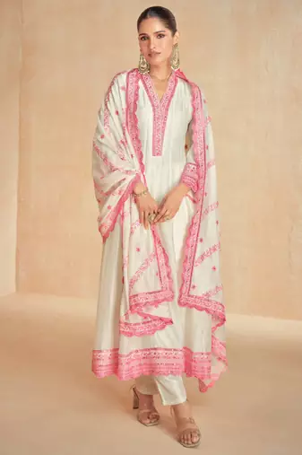 White & pink embroidery & sequins work silk anarkali pant suit - free size stitching (size upto 42")