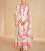 White & pink embroidery & sequins work silk anarkali pant suit - free size stitching (size upto 42")