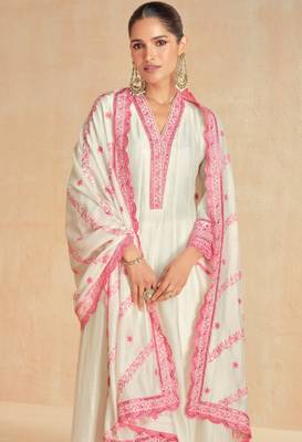 White & pink embroidery & sequins work silk anarkali pant suit - free size stitching (size upto 42") 2