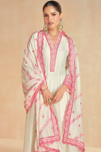White & pink embroidery & sequins work silk anarkali pant suit - free size stitching (size upto 42")