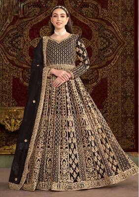 Black embroidery & sequins work net gown suit - free size(size upto 42") 1