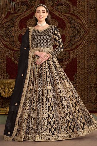 Black embroidery & sequins work net gown suit - free size stitching (size upto 42")