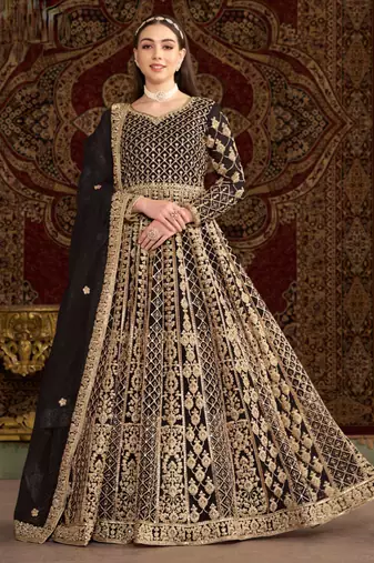 Black embroidery & sequins work net gown suit - free size stitching (size upto 42")