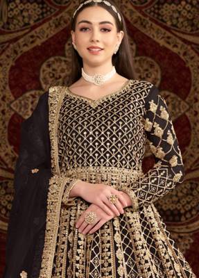Black embroidery & sequins work net gown suit - free size(size upto 42") 2