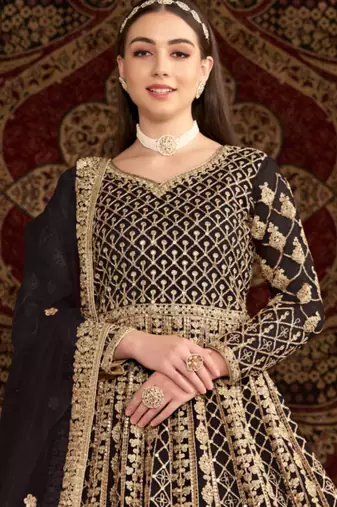 Black embroidery & sequins work net gown suit - free size(size upto 42")