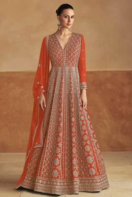 Orange embroidery & sequins work chinon gown suit - free size stitching (size upto 42") 1