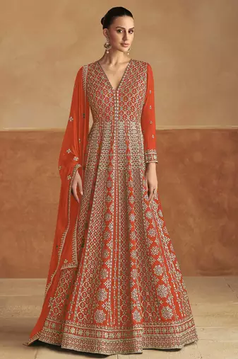 Orange embroidery & sequins work chinon gown suit - free size stitching (size upto 42")
