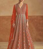 Orange embroidery & sequins work chinon gown suit - free size stitching (size upto 42")