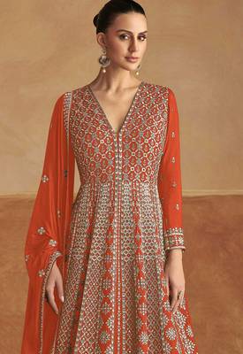 Orange embroidery & sequins work chinon gown suit - free size stitching (size upto 42") 2