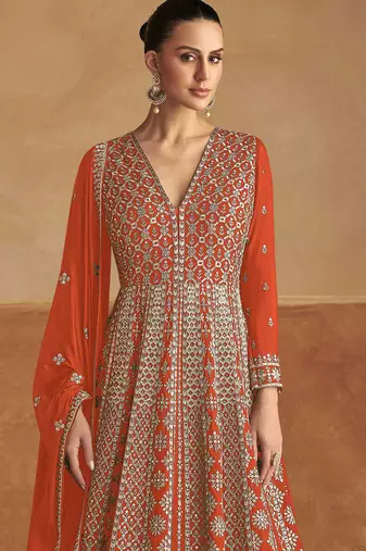 Orange embroidery & sequins work chinon gown suit - free size stitching (size upto 42")