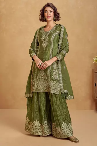 Green embroidery & sequins work chinon silk straight palazzo suit - free size stitching (size upto 42")
