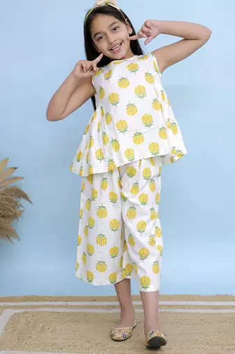 White printed cotton girls top bottom
