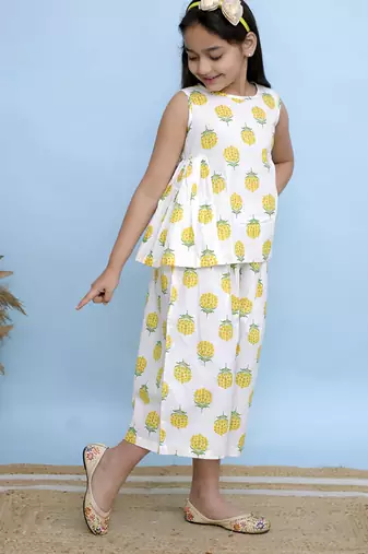 White printed cotton girls top bottom
