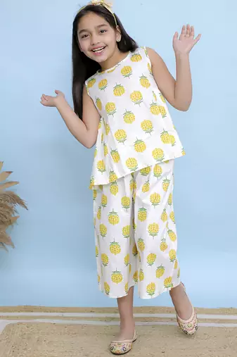 White printed cotton girls top bottom