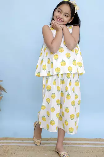 White printed cotton girls top bottom